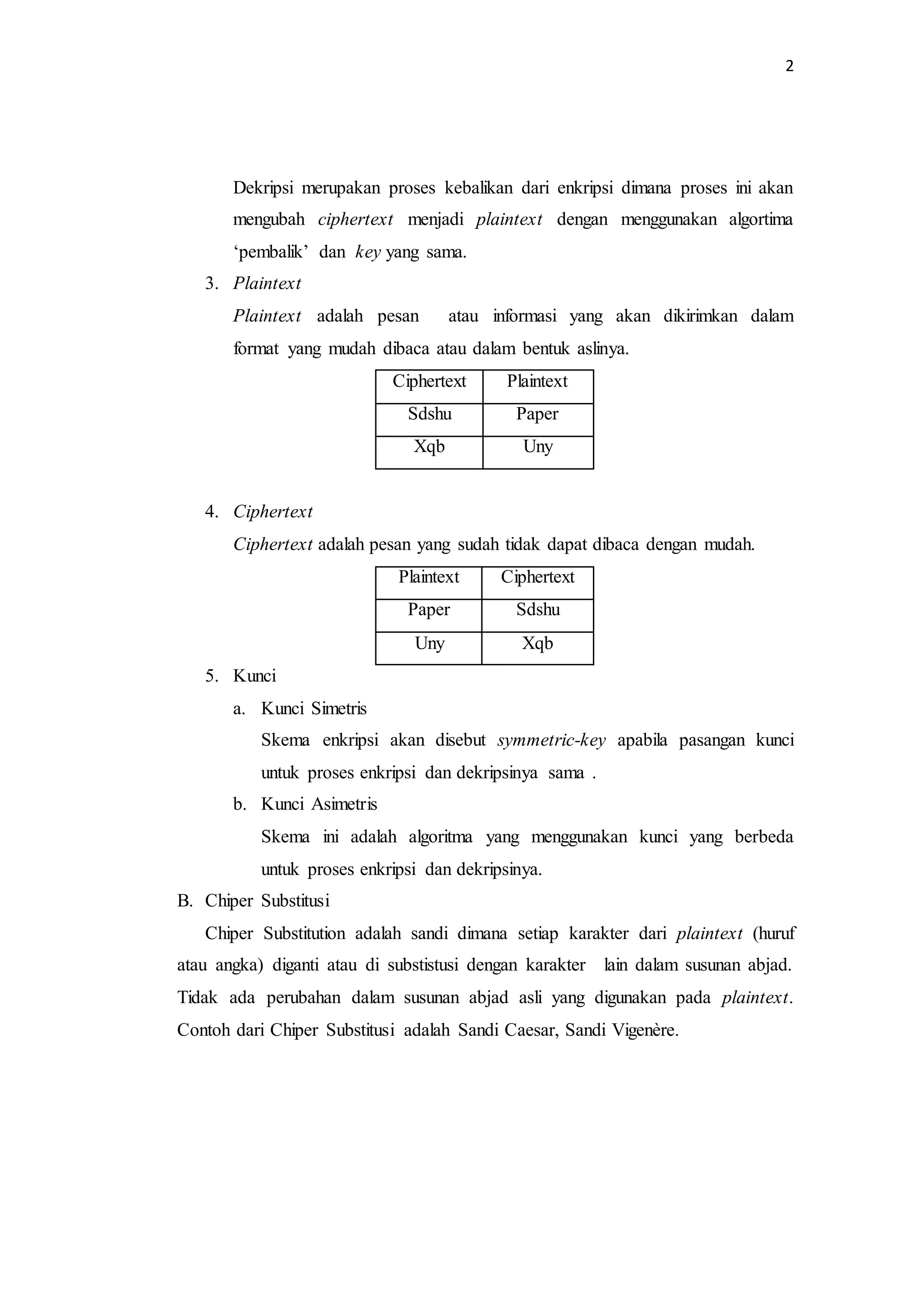2
Dekripsi merupakan proses kebalikan dari enkripsi dimana proses ini akan
mengubah ciphertext menjadi plaintext dengan menggunakan algortima
‘pembalik’ dan key yang sama.
3. Plaintext
Plaintext adalah pesan atau informasi yang akan dikirimkan dalam
format yang mudah dibaca atau dalam bentuk aslinya.
Ciphertext Plaintext
Sdshu Paper
Xqb Uny
4. Ciphertext
Ciphertext adalah pesan yang sudah tidak dapat dibaca dengan mudah.
Plaintext Ciphertext
Paper Sdshu
Uny Xqb
5. Kunci
a. Kunci Simetris
Skema enkripsi akan disebut symmetric-key apabila pasangan kunci
untuk proses enkripsi dan dekripsinya sama .
b. Kunci Asimetris
Skema ini adalah algoritma yang menggunakan kunci yang berbeda
untuk proses enkripsi dan dekripsinya.
B. Chiper Substitusi
Chiper Substitution adalah sandi dimana setiap karakter dari plaintext (huruf
atau angka) diganti atau di substistusi dengan karakter lain dalam susunan abjad.
Tidak ada perubahan dalam susunan abjad asli yang digunakan pada plaintext.
Contoh dari Chiper Substitusi adalah Sandi Caesar, Sandi Vigenère.
 