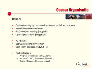 Caesar OrganisatieBeheerOndersteuning op maatwerk software en infrastructurenVerschillendeservicelevels7 x 24 ondersteuning (mogelijk)Oplostijdgaranties (mogelijk)70 relaties110 verschillendesystemenVast team beheerders (26 FTE)TechnologieenProgress (open Edge, Sonic, Apama)Microsoft (.NET, Sharepoint, Dynamics)Oracle (Designer, Developer, Java)