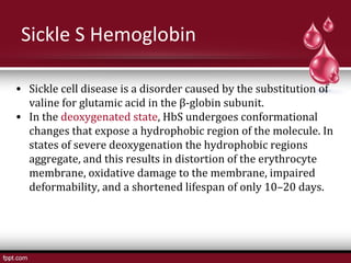 Sickle S Hemoglobin
• Sickle cell disease is a disorder caused by the substitution of
valine for glutamic acid in the β-globin subunit.
• In the deoxygenated state, HbS undergoes conformational
changes that expose a hydrophobic region of the molecule. In
states of severe deoxygenation the hydrophobic regions
aggregate, and this results in distortion of the erythrocyte
membrane, oxidative damage to the membrane, impaired
deformability, and a shortened lifespan of only 10–20 days.
 