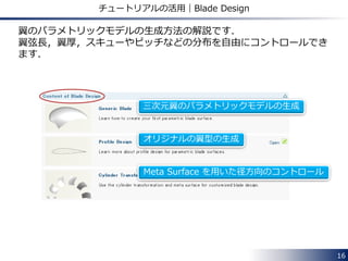 16
チュートリアルの活用｜Meta Surface
Meta Surface は押し出しの方向の指定方法
により様々なサーフェスの生成に対応が可能
押し出し方向を曲線で指定
座標軸方向への押し出し
座標軸周りの回転押し出し
代表的な機能の１つである 『Meta Surface』の使用方法の解説です．
『Meta Surface』 により，パラメトリックな押し出しによる様々な
サーフェス生成が可能です．
 
