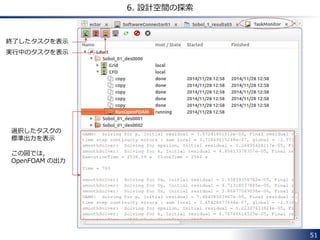 51 
6. 設計空間の探索 
終了したタスクを表示 
実行中のタスクを表示 
選択したタスクの 
標準出力を表示 
この図では， 
OpenFOAM の出力 
 