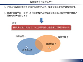  どのような設計変数を採用するのかにより，実現可能な変形が異なります． 
 最適化計算では，選択した設計変数により実現可能な形状の中で最も性能の 
優れた形状を探します． 
6 
設計変数を何にするか？ 
採用する設計変数によって実現可能な最適形状が異なります 
設計空間１ 設計空間２ 
最適形状１ 
最適形状２ 
一般に 
 