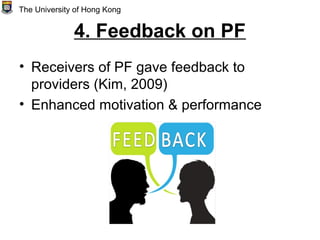4. Feedback on PF
• Receivers of PF gave feedback to
providers (Kim, 2009)
• Enhanced motivation & performance
The University of Hong Kong
 
