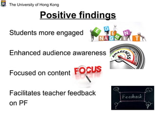Positive findings
Students more engaged
Enhanced audience awareness
Focused on content
Facilitates teacher feedback
on PF
The University of Hong Kong
 
