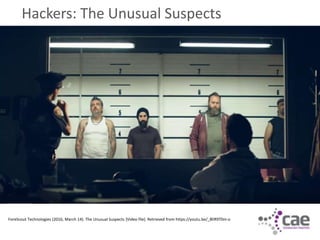 Hackers: The Unusual Suspects
ForeScout Technologies (2016, March 14). The Unusual Suspects [Video file]. Retrieved from https://youtu.be/_8lIR9T0m-o
 