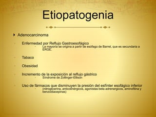 Etiopatogenia
 Adenocarcinoma
◦ Enfermedad por Reflujo Gastroesofágico
 La mayoría se origina a partir de esófago de Barret, que es secundaria a
ERGE.
◦ Tabaco
◦ Obesidad
◦ Incremento de la exposición al reflujo gástrico
 Síndrome de Zollinger-Ellison
◦ Uso de fármacos que disminuyen la presión del esfínter esofágico inferior
 (nitroglicerina, anticolinérgicos, agonistas beta adrenergicos, aminofilina y
benzodiacepinas)
 