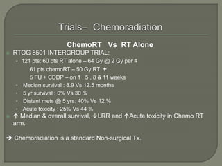 ChemoRT Vs RT Alone
 RTOG 8501 INTERGROUP TRIAL:
• 121 pts: 60 pts RT alone – 64 Gy @ 2 Gy per #
61 pts chemoRT – 50 Gy RT +
5 FU + CDDP – on 1 , 5 , 8 & 11 weeks
• Median survival : 8.9 Vs 12.5 months
• 5 yr survival : 0% Vs 30 %
• Distant mets @ 5 yrs: 40% Vs 12 %
• Acute toxicity : 25% Vs 44 %
  Median & overall survival, LRR and Acute toxicity in Chemo RT
arm.
 Chemoradiation is a standard Non-surgical Tx.
 