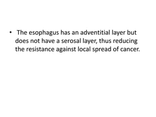 • The esophagus has an adventitial layer but
does not have a serosal layer, thus reducing
the resistance against local spread of cancer.
 