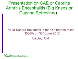 Presentation on CAE or Caprine
    Arthritis Encephalitis (Big Knees or
            Caprine Retrovirus)


    by Dr Sandra Baxendell to the Qld branch of the
               DGSA on 30th June 2012
                     Laidley, Qld




©
 