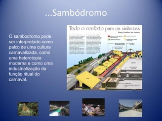 ...Sambódromo O sambódromo pode ser interpretado como palco de uma cultura carnavalizada, como uma heterotopia moderna e como uma industrialização da função ritual do carnaval. 