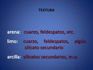 TEXTURA
arena: cuarzo, feldespatos, etc.
limo: cuarzo, feldespatos, algún
silicato secundario
arcilla: silicatos secundarios, m.o.
 