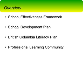 School Effectiveness Framework School Development Plan British Columbia Literacy Plan Professional Learning Community Overview 