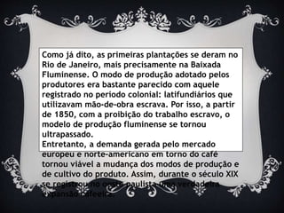 Como já dito, as primeiras plantações se deram no
Rio de Janeiro, mais precisamente na Baixada
Fluminense. O modo de produção adotado pelos
produtores era bastante parecido com aquele
registrado no período colonial: latifundiários que
utilizavam mão-de-obra escrava. Por isso, a partir
de 1850, com a proibição do trabalho escravo, o
modelo de produção fluminense se tornou
ultrapassado.
Entretanto, a demanda gerada pelo mercado
europeu e norte-americano em torno do café
tornou viável a mudança dos modos de produção e
de cultivo do produto. Assim, durante o século XIX
se registrou no oeste paulista uma verdadeira
expansão cafeeira.
 