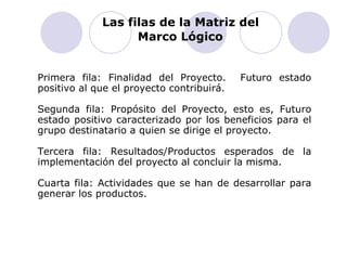 Las filas de la Matriz del  Marco Lógico   Primera fila: Finalidad del Proyecto.  Futuro estado positivo al que el proyecto contribuirá. Segunda fila: Propósito del Proyecto, esto es, Futuro estado positivo caracterizado por los beneficios para el grupo destinatario a quien se dirige el proyecto. Tercera fila: Resultados/Productos esperados de la implementación del proyecto al concluir la misma.   Cuarta fila: Actividades que se han de desarrollar para generar los productos . 