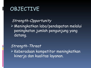 OBJECTIVE Strength-Opportunity Meningkatkan laba/pendapatan melalui peningkatan jumlah pengunjung yang datang. Strength-Threat Keberadaan kompetitor meningkatkan kinerja dan kualitas layanan. 