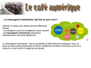 La messagerie instantanée, Qu’est ce que c’est ?
Internet, le réseau des réseau permet différentes
choses.
- La navigation (surf) sur le web est le plus courant
- La messagerie instantanée (discussion
instantanée) en fait partie également

La messagerie instantanée, c’est la possibilité qu’offre Internet de dialoguer avec un
autre (ou des autres) internautes en direct. Initialement de façon écrite puis au fur et à
mesure, la voix et enfin l’image se sont ajouté.

 