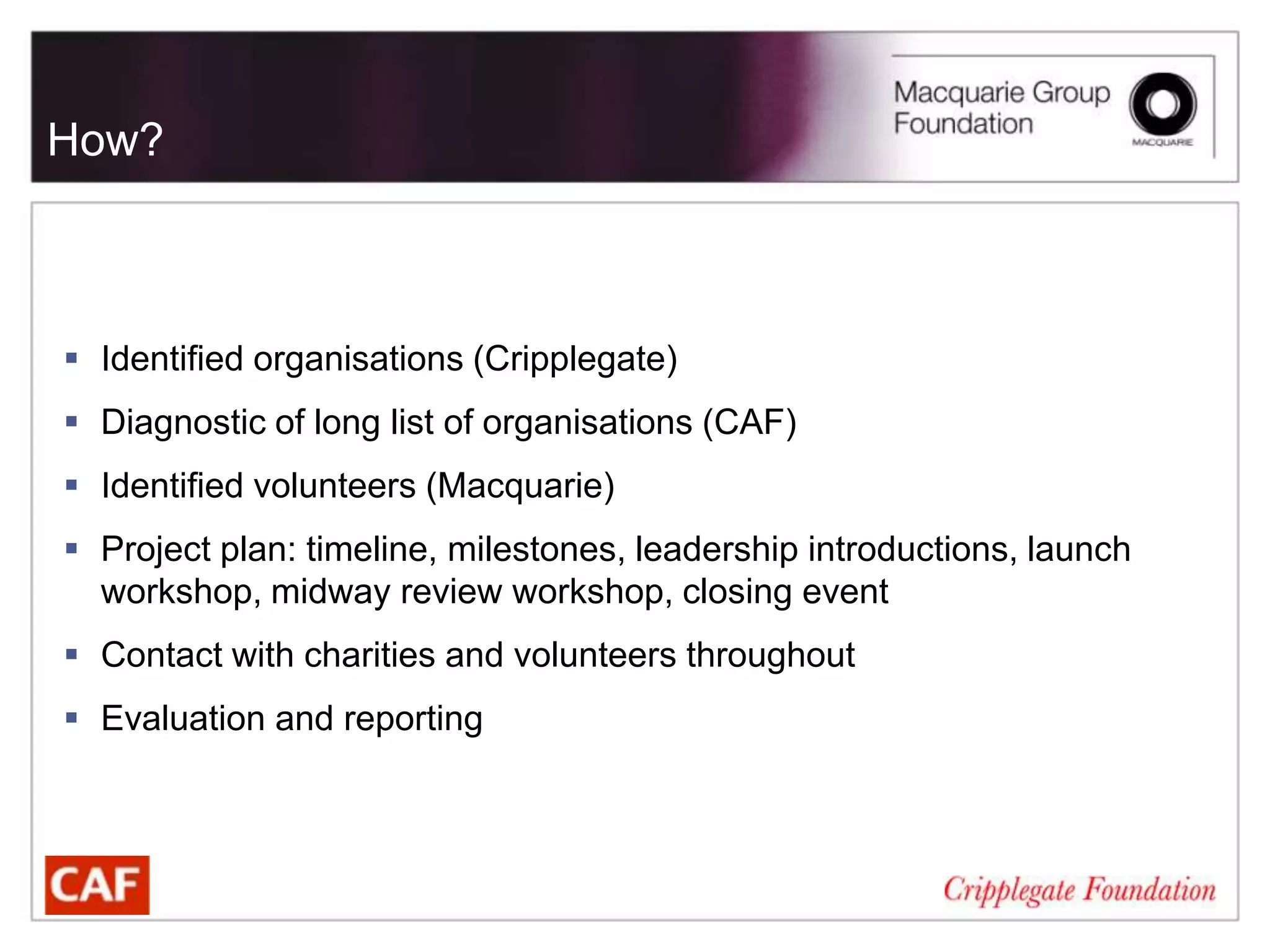 How?



 Identified organisations (Cripplegate)
 Diagnostic of long list of organisations (CAF)
 Identified volunteers (Macquarie)
 Project plan: timeline, milestones, leadership introductions, launch
  workshop, midway review workshop, closing event
 Contact with charities and volunteers throughout
 Evaluation and reporting
 