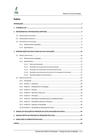 Relatório de Auto-Avaliação


Índice
INTRODUÇÃO ........................................................................................................................................ 1

1 O MODELO CAF ................................................................................................................................ 5

2 INSTRUMENTOS E METODOLOGIA ADOPTADA ................................................................................ 7

     2.1 EQUIPA DE AUTO-AVALIAÇÃO ................................................................................................................ 7
     2.2 CRONOGRAMA DO PROJECTO ................................................................................................................ 8
     2.3 INSTRUMENTOS DE AVALIAÇÃO .............................................................................................................. 9
            2.3.1 Grelha de Auto-avaliação.................................................................................................... 9
            2.3.2 Questionários .................................................................................................................... 11

3 APRESENTAÇÃO DOS RESULTADOS DA AUTO-AVALIAÇÃO ............................................................. 14

     3.1 ANÁLISE QUANTITATIVA ...................................................................................................................... 14
            3.1.1 Grelha de Auto-avaliação.................................................................................................. 14
            3.1.2 Questionários .................................................................................................................... 15
                       3.1.2.1     Níveis de participação ...................................................................................................... 15
                       3.1.2.2     Resultados dos questionários do Pessoal docente ........................................................... 16
                       3.1.2.3     Resultados dos questionários do Pessoal não docente .................................................... 18
                       3.1.2.4     Resultados dos questionários dos Alunos e Encarregados de Educação .......................... 21
                       3.1.2.5     Resultados globais dos questionários ............................................................................... 23
     3.2 ANÁLISE QUALITATIVA ........................................................................................................................ 24
            3.2.1 Introdução ......................................................................................................................... 24
            3.2.2 Critério 1 – Liderança ........................................................................................................ 25
            3.2.3 Critério 2 – Planeamento e Estratégia .............................................................................. 28
            3.2.4 Critério 3 – Pessoas ........................................................................................................... 30
            3.2.5 Critério 4 – Parcerias e Recursos ....................................................................................... 32
            3.2.6 Critério 5 – Processos ........................................................................................................ 35
            3.2.7 Critério 6 – Resultados orientados para os cidadãos/clientes .......................................... 37
            3.2.8 Critério 7 – Resultados relativos às Pessoas ...................................................................... 40
            3.2.9 Critério 8 – Impacto na Sociedade .................................................................................... 42
            3.2.10 Critério 9 – Resultados do Desempenho Chave ................................................................. 43

4 ANÁLISE DA EVOLUÇÃO DO PROCESSO DE AUTO-AVALIAÇÃO NA ESCOLA ..................................... 45

5 ANÁLISE CRÍTICA DO PROCESSO (A PREENCHER PELA EAA) ............................................................ 47

6 CONCLUSÃO (A COMPLETAR PELA EAA) ......................................................................................... 47

FONTES ................................................................................................................................................ 49




                                                Escola Secundária de Sampaio – Equipa de Auto-avaliação – p. ii
 