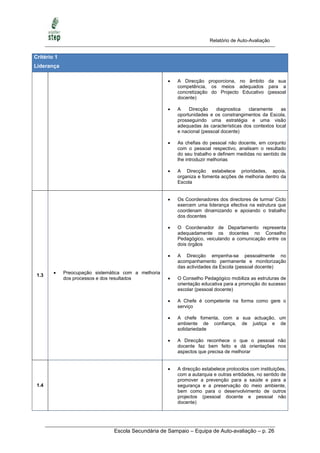 Relatório de Auto-Avaliação


Critério 1
Liderança

                                                         A Direcção proporciona, no âmbito da sua
                                                          competência, os meios adequados para a
                                                          concretização do Projecto Educativo (pessoal
                                                          docente)

                                                         A    Direcção    diagnostica   claramente    as
                                                          oportunidades e os constrangimentos da Escola,
                                                          prosseguindo uma estratégia e uma visão
                                                          adequadas às características dos contextos local
                                                          e nacional (pessoal docente)

                                                         As chefias do pessoal não docente, em conjunto
                                                          com o pessoal respectivo, analisam o resultado
                                                          do seu trabalho e definem medidas no sentido de
                                                          lhe introduzir melhorias

                                                         A Direcção estabelece prioridades, apoia,
                                                          organiza e fomenta acções de melhoria dentro da
                                                          Escola


                                                         Os Coordenadores dos directores de turma/ Ciclo
                                                          exercem uma liderança efectiva na estrutura que
                                                          coordenam dinamizando e apoiando o trabalho
                                                          dos docentes

                                                         O Coordenador de Departamento representa
                                                          adequadamente os docentes no Conselho
                                                          Pedagógico, veiculando a comunicação entre os
                                                          dois órgãos

                                                         A Direcção empenha-se pessoalmente no
                                                          acompanhamento permanente e monitorização
                                                          das actividades da Escola (pessoal docente)
            Preocupação sistemática com a melhoria
 1.3
             dos processos e dos resultados              O Conselho Pedagógico mobiliza as estruturas de
                                                          orientação educativa para a promoção do sucesso
                                                          escolar (pessoal docente)

                                                         A Chefe é competente na forma como gere o
                                                          serviço

                                                         A chefe fomenta, com a sua actuação, um
                                                          ambiente de confiança, de justiça e de
                                                          solidariedade

                                                         A Direcção reconhece o que o pessoal não
                                                          docente faz bem feito e dá orientações nos
                                                          aspectos que precisa de melhorar


                                                         A direcção estabelece protocolos com instituições,
                                                          com a autarquia e outras entidades, no sentido de
                                                          promover a prevenção para a saúde e para a
 1.4                                                      segurança e a preservação do meio ambiente,
                                                          bem como para o desenvolvimento de outros
                                                          projectos (pessoal docente e pessoal não
                                                          docente)




                                Escola Secundária de Sampaio – Equipa de Auto-avaliação – p. 26
 