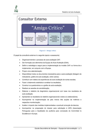 Relatório de Auto-Avaliação




                                    Figura 2 – Amigo crítico


O papel da consultoria externa é o seguinte (apoio e assessoria):

           Organizar/orientar o processo de auto-avaliação CAF;
           Dar formação aos elementos da Equipa de Auto-Avaliação (EAA);
           Definir a estratégia a seguir para a implementação do modelo CAF e a forma de a
            implementar, em conjunto com a Equipa;
           Propor uma calendarização;
           Disponibilizar todos os documentos necessários para a auto-avaliação (listagem de
            indicadores, grelha de auto-avaliação, entre outros);
           Contribuir com relatos de experiências de auto-avaliação de outras escolas;
           Fazer o tratamento estatístico e analisar os resultados;
           Construir os questionários e a grelha de auto-avaliação;
           Realizar as sessões de sensibilização;
           Elaborar o relatório de diagnóstico organizacional com base nos resultados de
            auto-avaliação;
           Apresentar os resultados do relatório organizacional a todos os colaboradores;
           Acompanhar na implementação de pelo menos três acções de melhoria e
            respectiva monitorização;
           Avaliar o impacto das medidas implementadas e eventual correcção de desvios;
           Acompanhar na preparação do dossier para solicitação à APQ (Associação
            Portuguesa para a Qualidade) da auditoria para concessão do Committed to
            Excellence in Europe.




                              Escola Secundária de Sampaio – Equipa de Auto-avaliação – p. 3
 