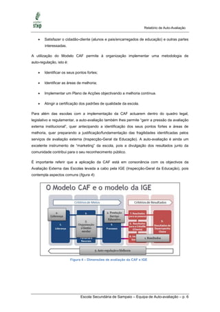 Relatório de Auto-Avaliação


       Satisfazer o cidadão-cliente (alunos e pais/encarregados de educação) e outras partes
        interessadas.

A utilização do Modelo CAF permite à organização implementar uma metodologia de
auto-regulação, isto é:

       Identificar os seus pontos fortes;

       Identificar as áreas de melhoria;

       Implementar um Plano de Acções objectivando a melhoria contínua.

       Atingir a certificação dos padrões de qualidade da escola.

Para além das escolas com a implementação da CAF actuarem dentro do quadro legal,
legislativo e regulamentar, a auto-avaliação também lhes permite ―gerir a pressão da avaliação
externa institucional‖, quer antecipando a identificação dos seus pontos fortes e áreas de
melhoria, quer preparando a justificação/fundamentação das fragilidades identificadas pelos
serviços de avaliação externa (Inspecção-Geral da Educação). A auto-avaliação é ainda um
excelente instrumento de ―marketing‖ da escola, pois a divulgação dos resultados junto da
comunidade contribui para o seu reconhecimento público.

É importante referir que a aplicação da CAF está em consonância com os objectivos da
Avaliação Externa das Escolas levada a cabo pela IGE (Inspecção-Geral da Educação), pois
contempla aspectos comuns (figura 4):




                          Figura 4 – Dimensões de avaliação da CAF e IGE




                                Escola Secundária de Sampaio – Equipa de Auto-avaliação – p. 6
 