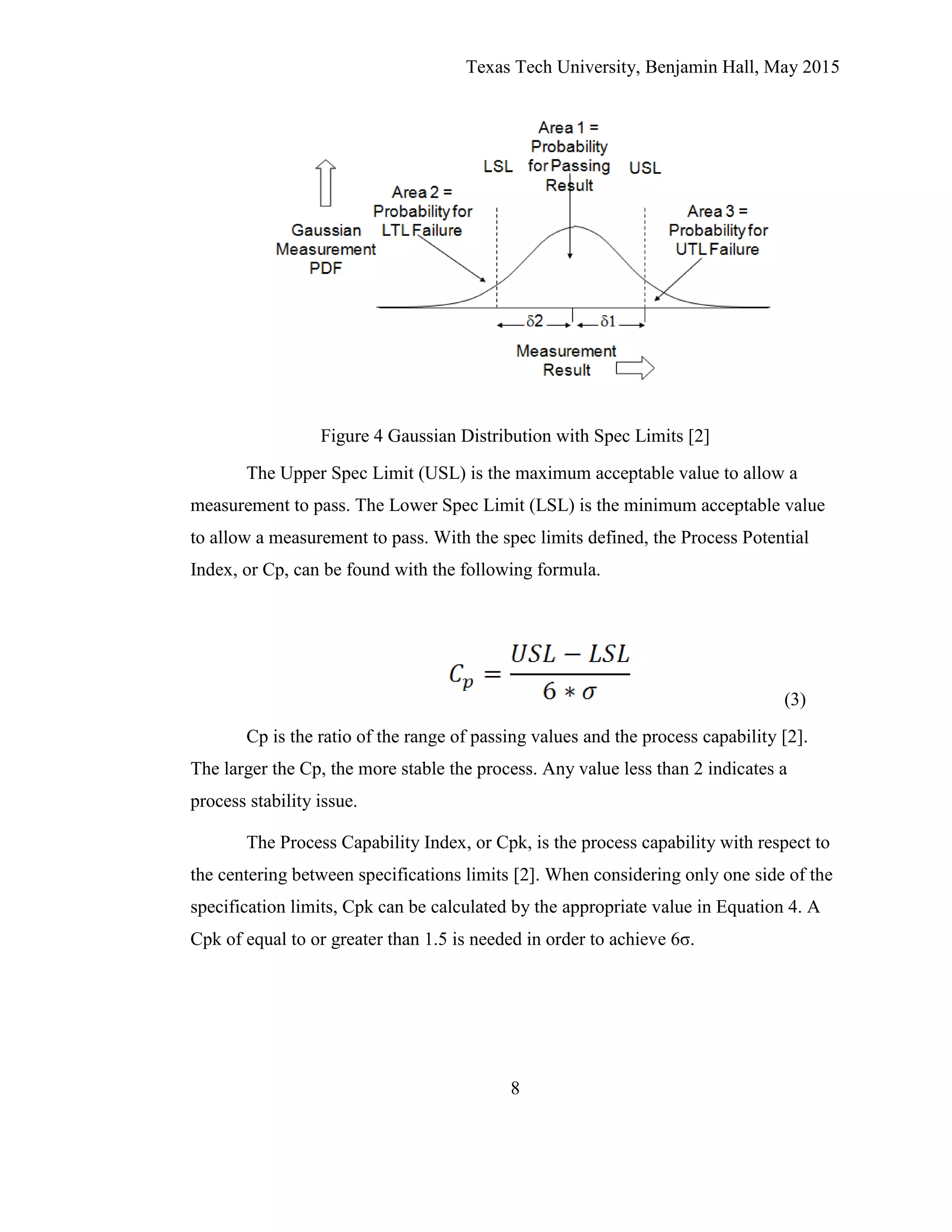 Texas Tech University, Benjamin Hall, May 2015
8
Figure 4 Gaussian Distribution with Spec Limits [2]
The Upper Spec Limit (USL) is the maximum acceptable value to allow a
measurement to pass. The Lower Spec Limit (LSL) is the minimum acceptable value
to allow a measurement to pass. With the spec limits defined, the Process Potential
Index, or Cp, can be found with the following formula.
(3)
Cp is the ratio of the range of passing values and the process capability [2].
The larger the Cp, the more stable the process. Any value less than 2 indicates a
process stability issue.
The Process Capability Index, or Cpk, is the process capability with respect to
the centering between specifications limits [2]. When considering only one side of the
specification limits, Cpk can be calculated by the appropriate value in Equation 4. A
Cpk of equal to or greater than 1.5 is needed in order to achieve 6σ.
 