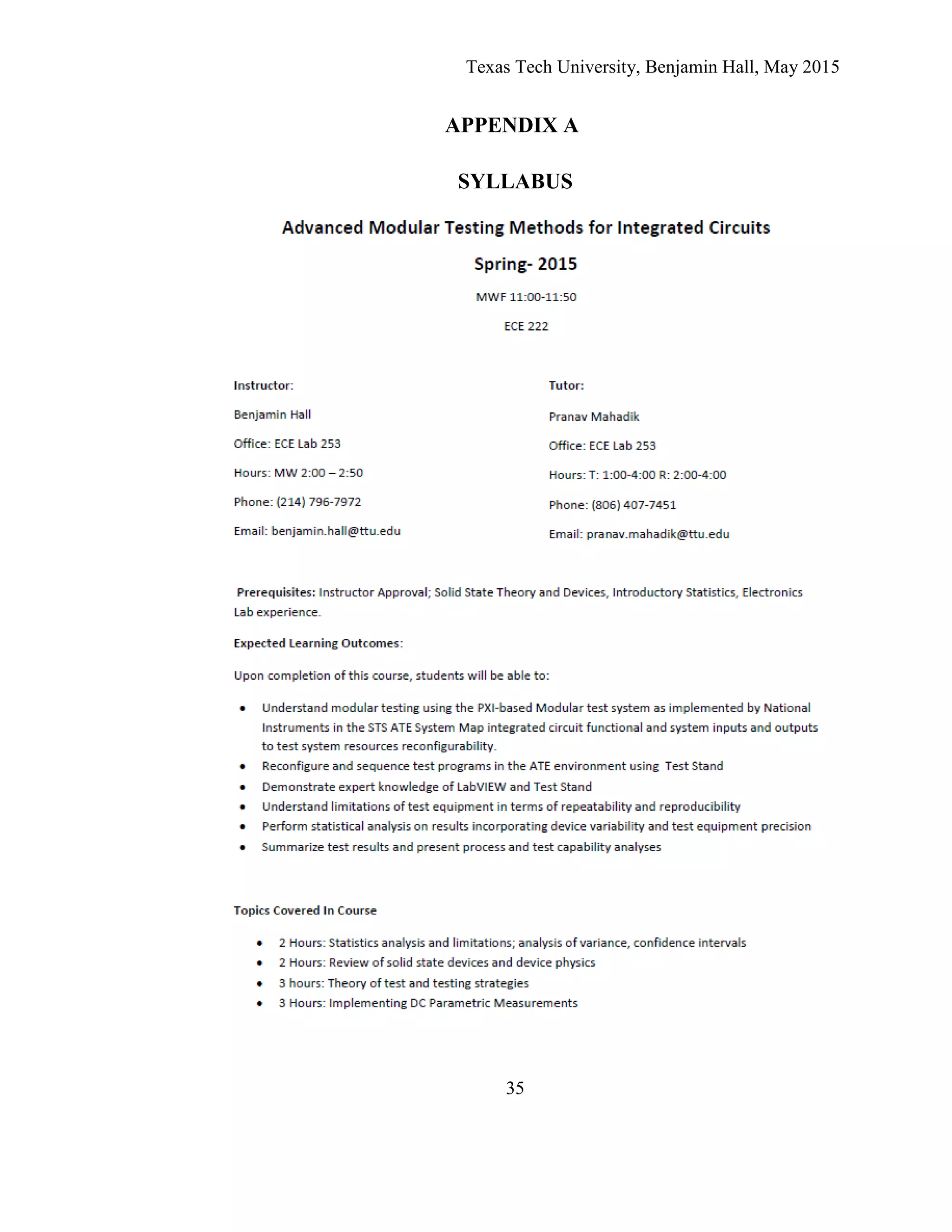 Texas Tech University, Benjamin Hall, May 2015
35
APPENDIX A
SYLLABUS
 