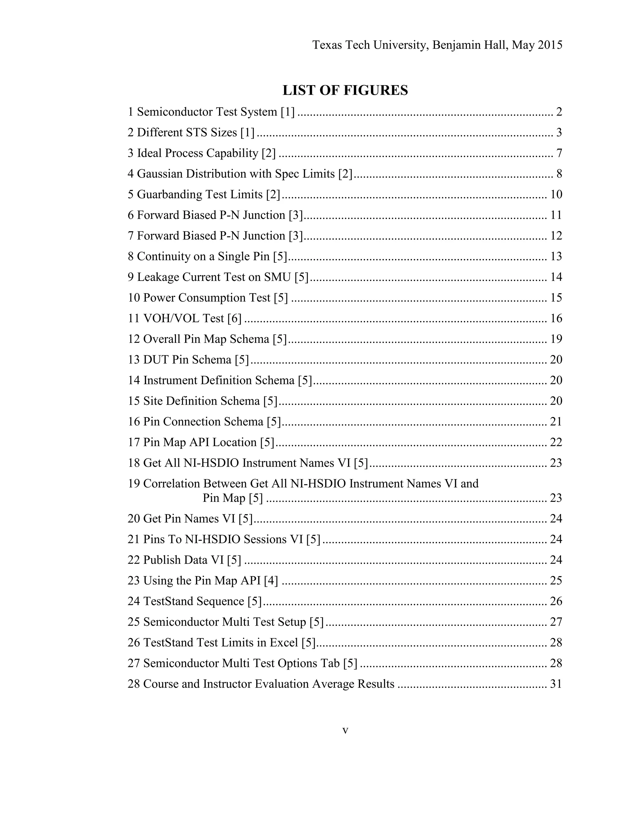 Texas Tech University, Benjamin Hall, May 2015
v
LIST OF FIGURES
1 Semiconductor Test System [1] .................................................................................. 2
2 Different STS Sizes [1]............................................................................................... 3
3 Ideal Process Capability [2] ........................................................................................ 7
4 Gaussian Distribution with Spec Limits [2]................................................................ 8
5 Guarbanding Test Limits [2]..................................................................................... 10
6 Forward Biased P-N Junction [3].............................................................................. 11
7 Forward Biased P-N Junction [3].............................................................................. 12
8 Continuity on a Single Pin [5]................................................................................... 13
9 Leakage Current Test on SMU [5]............................................................................ 14
10 Power Consumption Test [5] .................................................................................. 15
11 VOH/VOL Test [6] ................................................................................................. 16
12 Overall Pin Map Schema [5]................................................................................... 19
13 DUT Pin Schema [5]............................................................................................... 20
14 Instrument Definition Schema [5]........................................................................... 20
15 Site Definition Schema [5]...................................................................................... 20
16 Pin Connection Schema [5]..................................................................................... 21
17 Pin Map API Location [5]....................................................................................... 22
18 Get All NI-HSDIO Instrument Names VI [5]......................................................... 23
19 Correlation Between Get All NI-HSDIO Instrument Names VI and
Pin Map [5] .......................................................................................... 23
20 Get Pin Names VI [5].............................................................................................. 24
21 Pins To NI-HSDIO Sessions VI [5]........................................................................ 24
22 Publish Data VI [5] ................................................................................................. 24
23 Using the Pin Map API [4] ..................................................................................... 25
24 TestStand Sequence [5]........................................................................................... 26
25 Semiconductor Multi Test Setup [5]....................................................................... 27
26 TestStand Test Limits in Excel [5].......................................................................... 28
27 Semiconductor Multi Test Options Tab [5] ............................................................ 28
28 Course and Instructor Evaluation Average Results ................................................ 31
 