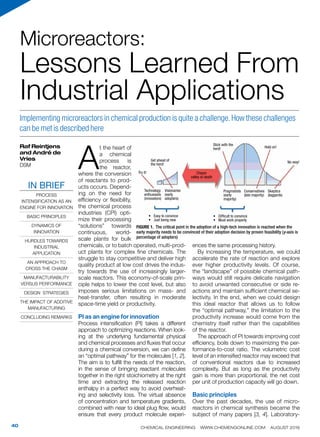 CHEMICAL ENGINEERING WWW.CHEMENGONLINE.COM AUGUST 201640
A
t the heart of
a chemical
process is
the reactor,
where the conversion
of reactants to prod-
ucts occurs. Depend-
ing on the need for
efficiency or flexibility,
the chemical process
industries (CPI) opti-
mize their processing
“solutions” towards
continuous, world-
scale plants for bulk
chemicals, or to batch operated, multi-prod-
uct plants for complex fine chemicals. The
struggle to stay competitive and deliver high
quality product at low cost drives the indus-
try towards the use of increasingly larger-
scale reactors. This economy-of-scale prin-
ciple helps to lower the cost level, but also
imposes serious limitations on mass- and
heat-transfer, often resulting in moderate
space-time yield or productivity.
PI as an engine for innovation
Process intensification (PI) takes a different
approach to optimizing reactions. When look-
ing at the underlying fundamental physical
and chemical processes and fluxes that occur
during a chemical conversion, we can define
an “optimal pathway” for the molecules [1, 2].
The aim is to fulfill the needs of the reaction,
in the sense of bringing reactant molecules
together in the right stoichiometry at the right
time and extracting the released reaction
enthalpy in a perfect way to avoid overheat-
ing and selectivity loss. The virtual absence
of concentration and temperature gradients,
combined with near to ideal plug flow, would
ensure that every product molecule experi-
ences the same processing history.
By increasing the temperature, we could
accelerate the rate of reaction and explore
ever higher productivity levels. Of course,
the “landscape” of possible chemical path-
ways would still require delicate navigation
to avoid unwanted consecutive or side re-
actions and maintain sufficient chemical se-
lectivity. In the end, when we could design
this ideal reactor that allows us to follow
the “optimal pathway,” the limitation to the
productivity increase would come from the
chemistry itself rather than the capabilities
of the reactor.
The approach of PI towards improving cost
efficiency, boils down to maximizing the per-
formance-to-cost ratio. The volumetric cost
level of an intensified reactor may exceed that
of conventional reactors due to increased
complexity. But as long as the productivity
gain is more than proportional, the net cost
per unit of production capacity will go down.
Basic principles
Over the past decades, the use of micro-
reactors in chemical synthesis became the
subject of many papers [3, 4]. Laboratory-
Raf Reintjens
and André de
Vries
DSM
Implementing microreactors in chemical production is quite a challenge.How these challenges
can be met is described here
Microreactors:
Lessons Learned From
Industrial Applications
IN BRIEF
PROCESS
INTENSIFICATION AS AN
ENGINE FOR INNOVATION
BASIC PRINCIPLES
DYNAMICS OF
INNOVATION
HURDLES TOWARDS
INDUSTRIAL
APPLICATION
AN APPROACH TO
CROSS THE CHASM
MANUFACTURABILITY
VERSUS PERFORMANCE
DESIGN STRATEGIES
THE IMPACT OF ADDITIVE
MANUFACTURING
CONCLUDING REMARKS
FIGURE 1. The critical point in the adoption of a high-tech innovation is reached when the
early majority needs to be convinced of their adoption decision by proven feasibility (y-axis is
percentage of adopters)
Chasm
valley of death
Try it!
Get ahead of
the herd!
Technology
enthusiasts
(innovators)
Visionaries
(early
adopters)
•	 Easy to convince
•	 Just being new
Stick with the
herd! Hold on!
No way!
•	 Difficult to convince
•	 Must work properly
Pragmatists
(early
majority)
Conservatives
(late majority)
Skeptics
(laggards)
 