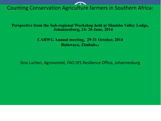 Counting Conservation Agriculture farmers in Southern Africa:
Perspective from the Sub-regional Workshop held at Shumba Valley Lodge,
Johannesburg, 24- 26 June, 2014
CARWG Annual meeting, 29-31 October, 2014
Bulawayo, Zimbabwe
Sina Luchen, Agronomist, FAO SFS Resilience Office, Johannesburg
 