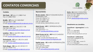 CONTATOS COMERCIAIS
Contatos

Representantes

São Paulo - SPFone: (11) 3882-9162
Fax: (11) 3882-9003

Rio de Janeiro - RJAAF COMUNICAÇÃO E
MARKETING LTDA.
Fone: (21) 2565-6113
Fone: (21) 2283-1661
Cel: (21) 8838-2648
E-mail: sidney_lobato@terra.com.br

Brasília - DFFone: (61) 3425-8367
Cel: (61) 8261-1188
E-mail: lauana.figueiredo@canalrural.com.br
Uberaba - MGFone: (34) 3312-1108
Cel: (34) 9106-7669
E-mail: carlos.alberto@canalrural.com.br
Londrina - PRCel: (43) 9991-9682
Cel: (44) 9107-4594
E-mail: ricardo.sandoli@canalrural.com.br
Florianópolis - SCFone: (48) 3216-2625
Cel: (48) 9155-2662
E-mail: marlon.werb@canalrural.com.br

Porto Alegre - RSFone: (51) 3218-5119
Cel: (51) 9698-7173
E-mail: luciane.kolbe@canalrural.com.br

Mato Grosso - MTR C REPRESENTAÇÕES
COMERCIAIS
Cel: (65) 8125-1111
E-mail: canalruralmt@terra.com.br
Mato Grosso do Sul - MSPAULO CARDOSO
Fone: (67) 9227-8719
E-mail: canalruralms@gmail.com
E-mail: paulocardosocom@gmail.com
Espírito Santo - ESZAMBRA REPRESENTAÇÕES
COMERCIAIS
Fone: (27) 3315-6952
Cel: (27) 9244-9406
E-mail: samuel@zambramkt.com.br

Bahia - BAAGMN CONSULTORIA
PUBLICIDADE E REPRESENTAÇÃO
Fone: (71) 3311-4999
Cel: (71) 9143-8892
E-mail: alfredo@agmmidia.com.br

Atendimento aos Jornalistas

Canal Rural - AgronegócioCountry
Press
Fone: (11) 5666-8524
Cel: (11) 9 9131-4712
E-mail: ruthe.araujo@uol.com.br
Canal Rural – Institucional
Lucia Faria Inteligência em
Comunicação
Fone: (11) 3277-8891 ramal 31
Cel: (11) 9 9444-2607
E-mail:cristiane@luciafaria.com.br

 