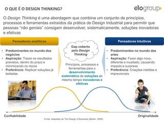 Copyright © ELO Group 2013 - Confidencial
O QUE É O DESIGN THINKING?
Confiabilidade Originalidade
Pensadores analíticos Pensadores Intuitivos
• Predominantes no mundo dos
negócios
• Aspiração: Trazer os resultados
previstos, dentro do prazo e
minimizando os riscos
• Preferência: Replicar soluções já
testadas
• Predominantes no mundo das
artes
• Aspiração: Fazer algo novo,
diferente e inusitado, causando
impacto e surpresa
• Preferência: Criações inéditas e
imprevisíveis
Gap coberto
pelo Design
Thinking
Princípios, processos e
ferramentas para o
desenvolvimento
sistemático de soluções ao
mesmo tempo inovadoras e
efetivas
Fonte: adaptado de The Design of Business (Martin, 2009)
O Design Thinking é uma abordagem que combina um conjunto de princípios,
processos e ferramentas extraídos da prática de Design Industrial para permitir que
pessoas “não geniais” consigam desenvolver, sistematicamente, soluções inovadoras
e efetivas
 