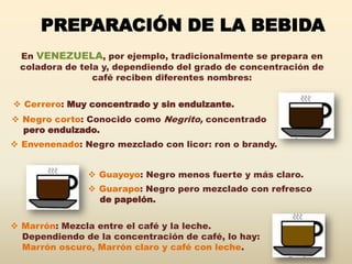 PREPARACIÓN DE LA BEBIDA
 En VENEZUELA, por ejemplo, tradicionalmente se prepara en
 coladora de tela y, dependiendo del grado de concentración de
                café reciben diferentes nombres:


 Cerrero: Muy concentrado y sin endulzante.
 Negro corto: Conocido como Negrito, concentrado
  pero endulzado.
 Envenenado: Negro mezclado con licor: ron o brandy.


                Guayoyo: Negro menos fuerte y más claro.
                Guarapo: Negro pero mezclado con refresco
                 de papelón.


 Marrón: Mezcla entre el café y la leche.
  Dependiendo de la concentración de café, lo hay:
  Marrón oscuro, Marrón claro y café con leche.
 
