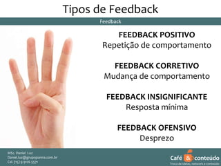 Tipos de Feedback
Feedback

FEEDBACK POSITIVO
Repetição de comportamento
FEEDBACK CORRETIVO
Mudança de comportamento

FEEDBACK INSIGNIFICANTE
Resposta mínima
FEEDBACK OFENSIVO
Desprezo
MSc. Daniel Luz
Daniel.luz@grupopanna.com.br
Curso encante sua audiência – Professor Daniel de Carvalho Luz
Cel. (15) 9 5571
Fone (15) 91269126 5571

Café & conteúdo
19
Troca de ideias, network e conteúdo

 