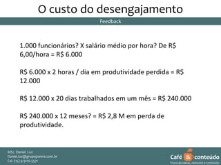 O custo do desengajamento
Feedback

1.000 funcionários? X salário médio por hora? De R$
6,00/hora = R$ 6.000

R$ 6.000 x 2 horas / dia em produtividade perdida = R$
12.000
R$ 12.000 x 20 dias trabalhados em um mês = R$ 240.000
R$ 240.000 x 12 meses? = R$ 2,8 M em perda de
produtividade.

MSc. Daniel Luz
Daniel.luz@grupopanna.com.br
Curso encante sua audiência – Professor Daniel de Carvalho Luz
Cel. (15) 9 5571
Fone (15) 91269126 5571

Café & conteúdo
5
Troca de ideias, network e conteúdo

 