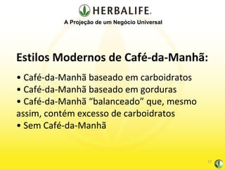 Estilos Modernos de Café-da-Manhã: •  Café-da-Manhã baseado em carboidratos •  Café-da-Manhã baseado em gorduras •  Café-da-Manhã  “balanceado” que, mesmo assim, contém excesso de carboidratos  •  Sem Café-da-Manhã A Projeção de um Negócio Universal 