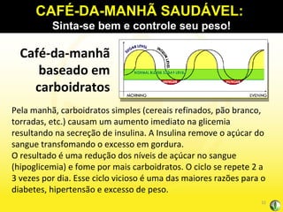 Pela manhã, carboidratos simples (cereais refinados, pão branco, torradas, etc.) causam um aumento imediato na glicemia resultando na secreção de insulina. A Insulina remove o açúcar do sangue transfomando o excesso em gordura.  O resultado é uma redução dos níveis de açúcar no sangue (hipoglicemia) e fome por mais carboidratos. O ciclo se repete 2 a 3 vezes por dia. Esse ciclo vicioso é uma das maiores razões para o diabetes, hipertensão e excesso de peso. CAFÉ-DA-MANHÃ SAUDÁVEL:  Sinta-se bem e controle seu peso! Café-da-manhã baseado em carboidratos 