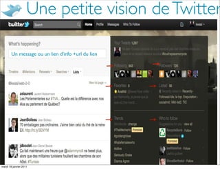 Une petite vision de Twitter

        Un message ou un lien d’info +url du lien




mardi 18 janvier 2011
 