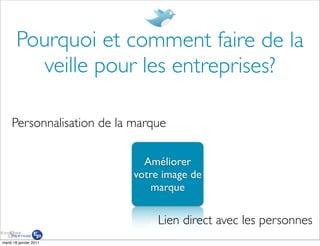Pourquoi et comment faire de la
          veille pour les entreprises?

     Personnalisation de la marque

                             Améliorer
                           votre image de
                              marque

                                Lien direct avec les personnes
mardi 18 janvier 2011
 