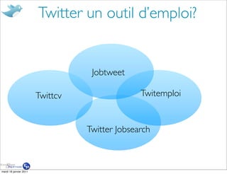 Twitter un outil d’emploi?


                                   Jobtweet

                        Twittcv                 Twitemploi


                                  Twitter Jobsearch



mardi 18 janvier 2011
 