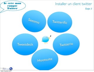 Je crée mon
        compte
                                                Installer un client twitter
       Twitter                                                        Étape 3




                              Sees
                                  mic       Twitteriﬁc




                        Tweetdeck                  Twitterio



                                    Hootsuite

mardi 18 janvier 2011
 