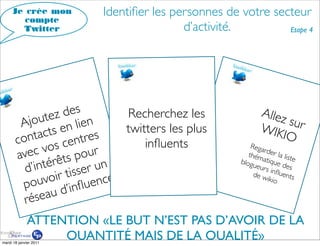 Je crée mon        Identiﬁer les personnes de votre secteur
        compte
       Twitter                          d’activité.         Etape 4




               tez des    Recherchez les                    Allez
        Ajou en lien      twitters les plus                 WIK
                                                                  sur
              cts
          nta centres                                           IO
       co                     inﬂuents
                os
          ec v ts pour
                                                        Rega
                                                            rder
       av                                              thém         la list

         d’in térê er un                            blogu atique d e
                                                          eur s         es
                   tiss
              voir ﬂuence
                                                                 i
                                                         de w nﬂuents
        pou d’in
                                                               ikio


         ré seau
             ATTENTION «LE BUT N’EST PAS D’AVOIR DE LA
                  QUANTITÉ MAIS DE LA QUALITÉ»
mardi 18 janvier 2011
 