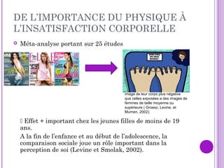 DE L’IMPORTANCE DU PHYSIQUE À
L’INSATISFACTION CORPORELLE
 Méta-analyse portant sur 25 études
 Effet + important chez les jeunes filles de moins de 19
ans.
A la fin de l’enfance et au début de l’adolescence, la
comparaison sociale joue un rôle important dans la
perception de soi (Levine et Smolak, 2002).
image de leur corps plus négative
que celles exposées a des images de
femmes de taille moyenne ou
supérieure ( Groesz, Levine, et
Murnen, 2002).
 