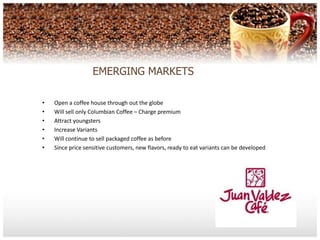 EMERGING MARKETS

•   Open a coffee house through out the globe
•   Will sell only Columbian Coffee – Charge premium
•   Attract youngsters
•   Increase Variants
•   Will continue to sell packaged coffee as before
•   Since price sensitive customers, new flavors, ready to eat variants can be developed
 