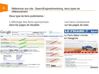 3.0Le référencement naturel : SearchEngineOptimizationLe SEO, quésako ?Le SEO, ou SearchEngineOptimization est l’un des leviers du Search Marketing. Le SEO, ou référencement naturel, consiste à optimiser un site internet, sur un plan technique, fonctionnel, structurel et sémantique afin qu’il remonte dans les résultats des moteurs de recherche.Ce type de référencement n’a rien de naturel et nécessite un véritable travail de fourmi, jour après jour.La prestation de référencement naturel commence en amont même de la création du site, permettant de prévoir dès la conception une structure "SEO compliant" et perdure tout au long de la vie d’un siteUn positionnement n’est jamais définitivement acquis, tant à cause des modifications des algorithmes des moteurs de recherche qu’à cause de la pression concurrentielle.