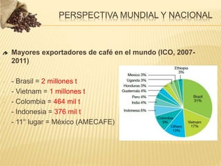 Mayores exportadores de café en el mundo (ICO, 2007-
2011)
- - Brasil = 2 millones t
- - Vietnam = 1 millones t
- - Colombia = 464 mil t
- - Indonesia = 376 mil t
- - 11° lugar = México (AMECAFE)
PERSPECTIVA MUNDIAL Y NACIONAL
 