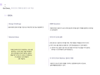 사용자에게 현재 위치를 기반으로 카페 추천 및 정보 제공해주기
1. 핸드폰으로 사용자의 위치를 켜면, 주변 제휴된 카페들의 위치가 뜬다
2. 위치 서비스를 바탕으로 별점 및 간략 정보들을 볼 수 있게 해준다
3. 네이버 지도 길찾기 앱 서비스와 연동시켜 따로 지도앱을 키지 않아도
찾아갈 수 있게 해준다.(번거로움감소)
사용자가 의도치 않게 카페를 가야하고 결정해야 할 때 시간낭비,
실패 확률등을 줄일 수 있다.
Gut Check_ 아이디어 구체화 및 평가 시트 작성
4
-
Design Challenge
04 IDEA
어떻게 하면 사용자가 낯선 곳에 갔을 때 어려움 없이 카페를 결정하고 찾아갈
수 있게 할까?
HMW Question
Selected Ideas 아이디어 상세 설명
이 아이디어로 예상되는 결과나 영향
카페 문 밖에 우리가 제공하는 서비스를
알려주는 스티커 같은 것을 부착해서
굳이 안에 들어가보지 않아도 밖에서
봤을 때 “아 저긴 저 서비스가 연동되는
구나”를 알수 있게 해준다
(예- 야놀자)
 