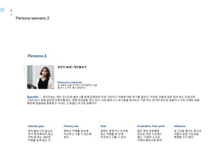 Specific : 유민지씨는 개인 인스타와 블로그를 함께 운영하며 주로 식당이나 카페에 대한 후기를 올린다. 익숙한 것들엔 금방 질려 하는 타입인데
그러다보니 점점 갈만한 컨텐츠를 찾는 데에 어려움을 겪고 있다. 다른 블로그나 후기들을 찾아보고 가본 적도 있지만 광고성 글들이나 너무 오래된 글들
때문에 헛걸음을 종종하고 나서는 그 방법도 포기한 상황이다.
Persona 2.
Persona seenario 2
-
5
유민지 26세 / 개인블로거
Persona’s character
늘 새로운 것을 추구하고 비주얼적인 것을
중요시 느끼며 꽤나 팔랑귀다.
Primary use
원하는 카페를 한눈에
비교하고 고를 수 있도록
한다.
Goal
원하는 분위기나 조건에
맞는 카페를 한 눈에
비교하고 고를 수 있다.
Influence
로그인을 해서도 광고성
리플이 달릴 가능성을
배제할 수가 없다.
Frustration, Pain point
많은 양의 무분별한
정보로 인한 스트레스
해소, 다양한 소규모
카페의 홍보기회 획득
Ultimate goal
여타 블로그의 광고성
후기 에 현혹되지 않고
진짜 원 하는 새로운
카페를 쉽게 찾는 것
 