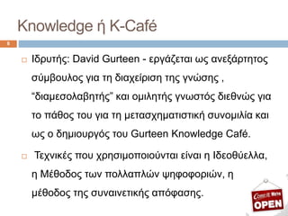 8
 Ιδρυτής: David Gurteen - εργάζεται ως ανεξάρτητος
σύμβουλος για τη διαχείριση της γνώσης ,
“διαμεσολαβητής” και ομιλητής γνωστός διεθνώς για
το πάθος του για τη μετασχηματιστική συνομιλία και
ως ο δημιουργός του Gurteen Knowledge Café.
 Τεχνικές που χρησιμοποιούνται είναι η Ιδεοθύελλα,
η Μέθοδος των πολλαπλών ψηφοφοριών, η
μέθοδος της συναινετικής απόφασης.
 