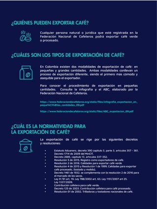 ¿QUIÉNES PUEDEN EXPORTAR CAFÉ?
¿CUÁLES SON LOS TIPOS DE EXPORTACIÓN DE CAFÉ?
¿CUÁL ES LA NORMATIVIDAD PARA
LA EXPORTACIÓN DE CAFÉ?
Cualquier persona natural o jurídica que esté registrada en la
Federación Nacional de Cafeteros podrá exportar café verde
o procesado.
En Colombia existen dos modalidades de exportación de café: en
pequeñas y grandes cantidades. Ambas modalidades conllevan un
proceso de exportación diferente, siendo el primero más cómodo y
asequible para el exportador.
Para conocer el procedimiento de exportación en pequeñas
cantidades. Consulte la infografía y el ABC, elaborado por la
Federación Nacional de Cafeteros.
La exportación de café se rige por las siguientes decretos
y resoluciones:
https://www.federaciondecafeteros.org/static/ﬁles/infograﬁa_exportacion_en_
peque%C3%B1as_cantidades_09.pdf
https://www.federaciondecafeteros.org/static/ﬁles/ABC_exportacion_09.pdf
• Estatuto Aduanero, decreto 390 capitulo 3, parte 3, artículos 357 - 361.
• Decreto 1714 de 2009 del MinCIT.
• Decreto 2685, capitulo 13, artículos 337-352.
• Resolución 5 de 2015. Registro como exportadores de café.
• Resolución 2 de 2016. Calidades para exportar café verde
• Resolución 4 de 2015 y Resolución 1 de 1999. Calidades para exportar
café procesado, (tostado y molido).
• Decreto 1461 de 1932. se complementa con la resolución 2 de 2016 para
el marcado de los sacos.
• Ley 9°/91 art, 19. Ley 788/2002 art, 63. Ley 1151/2007 art 25.
Ley 1337/2009.
• Contribución cafetera para café verde.
• Decreto 125 de 2003. Contribución cafetera para café procesado.
• Resolución 01 de 2002. Trilladoras y tostadores nacionales de café.
 